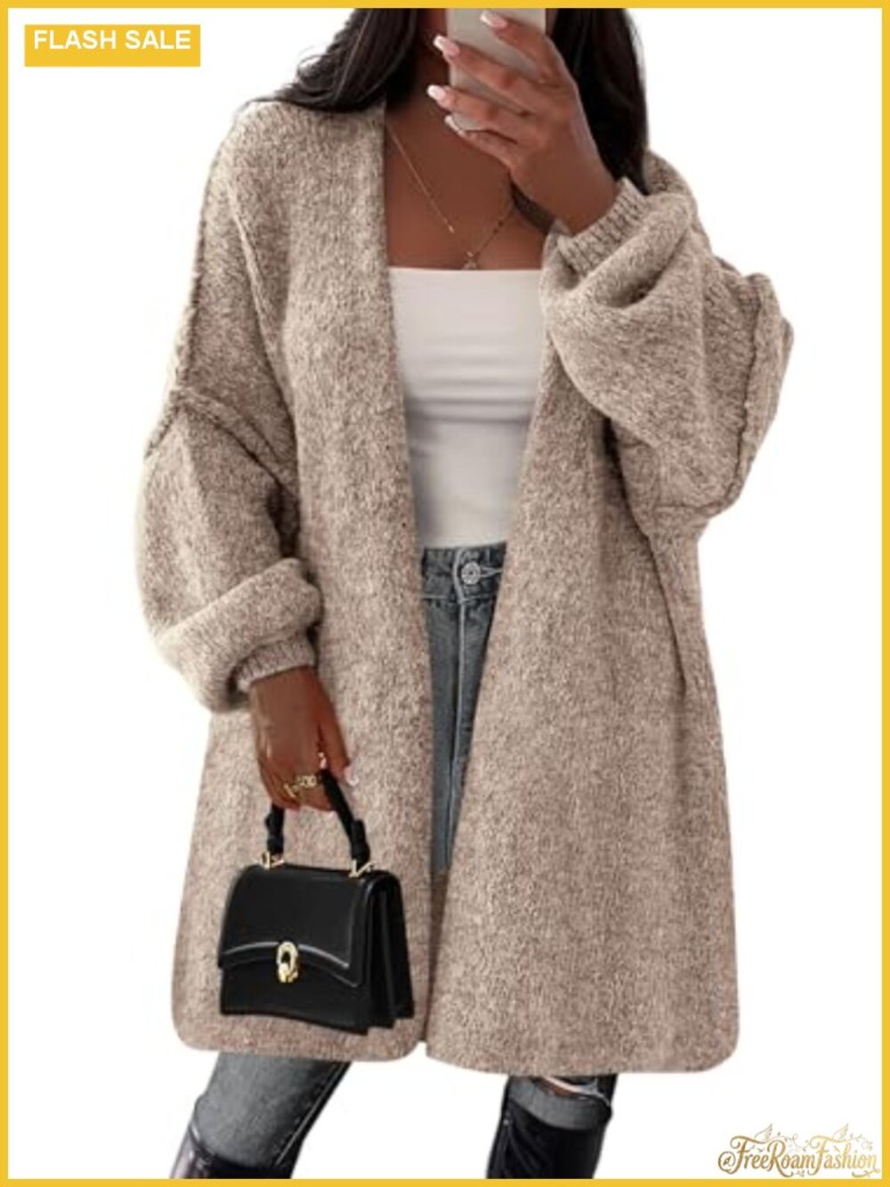Oversized Long Cardigan Sweater Ribbed Knit Open Front Mid-Thigh